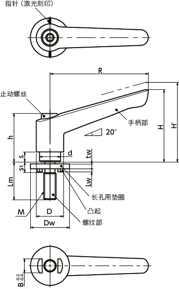 LEM-LWP塑料夹紧手柄-长孔用垫圈装入型寸法図